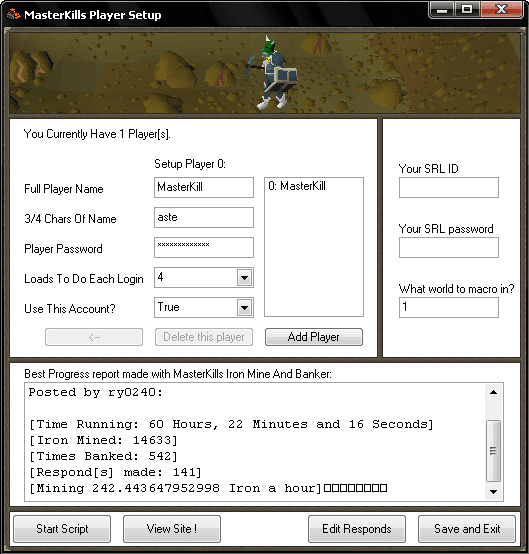 Player setup form to start the bot